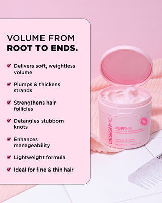 Image of the PUFF.ME Volumizing Treatment Whip jar opened, showing the product, with key features and benefits list