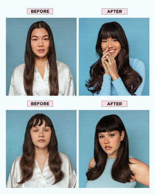 Model before and after using QUICKIE.ME dry shampoo duo. Greasy, flat hair on the left, refreshed, clean hair on the right.