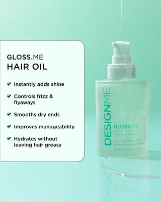 DESIGNME GLOSS.ME Hair Oil bottle on a light green background, highlighting its lightweight formula and key product features.