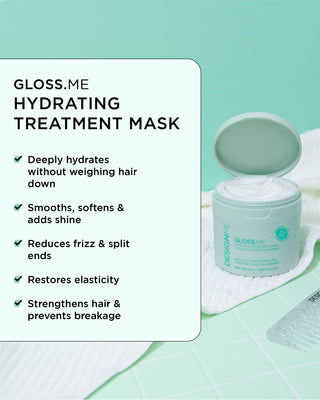 Close-up of GLOSS.ME Hydrating Treatment Mask and its texture with a list of key benefits.