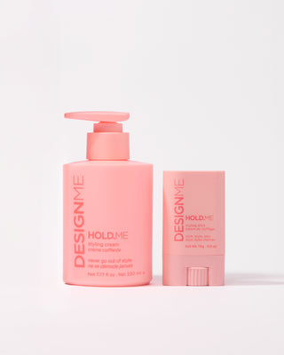 Front view of DESIGNME Sleek & Smooth Duo, featuring HOLD.ME Styling Cream with pump and HOLD.ME Styling Stick.