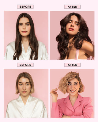 Before and after of two models showing increased volume, softness, and shine after using PUFF.ME Volume Styling Bundle