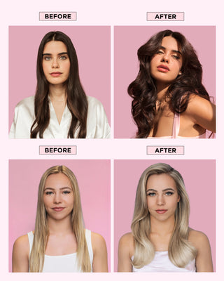 Before and after of two models showing increased volume, softness, and shine after using PUFF.ME Volumizing Mini Set.