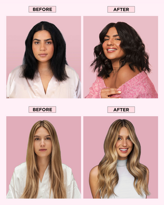 Before and after of two models using the Volumizing Wash Day Bundle, showing fuller, soft, and beautifully textured hair.